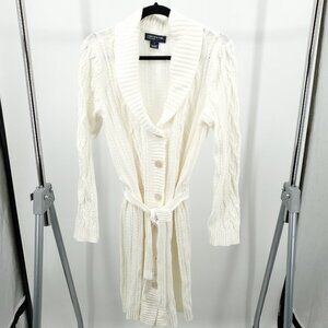 Jones New York Cotton-Blend Belted Long Line Cable Knit Sweater L White/Cream